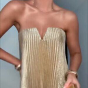 Strapless Metallic Gold Pleated Evening Dress